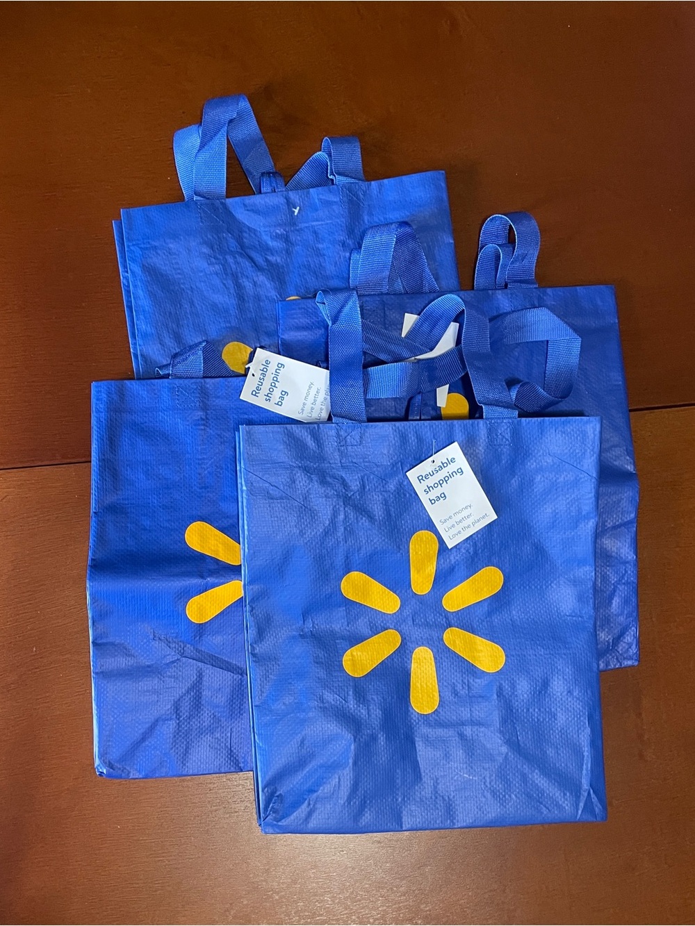 Walmart Reusable Shopping Bag Lot of 4 Blue Yellow Logo 12.5”L x 14.5”H x 7.5”W